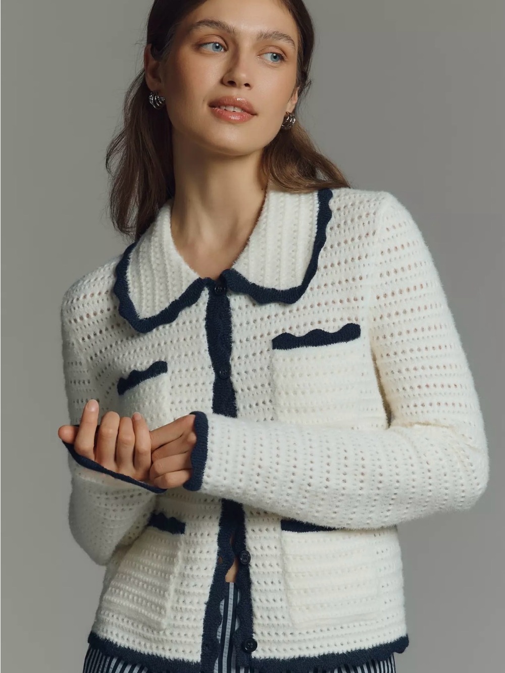 White Crochet Knit Jacket with Navy Trim - Anthropologie